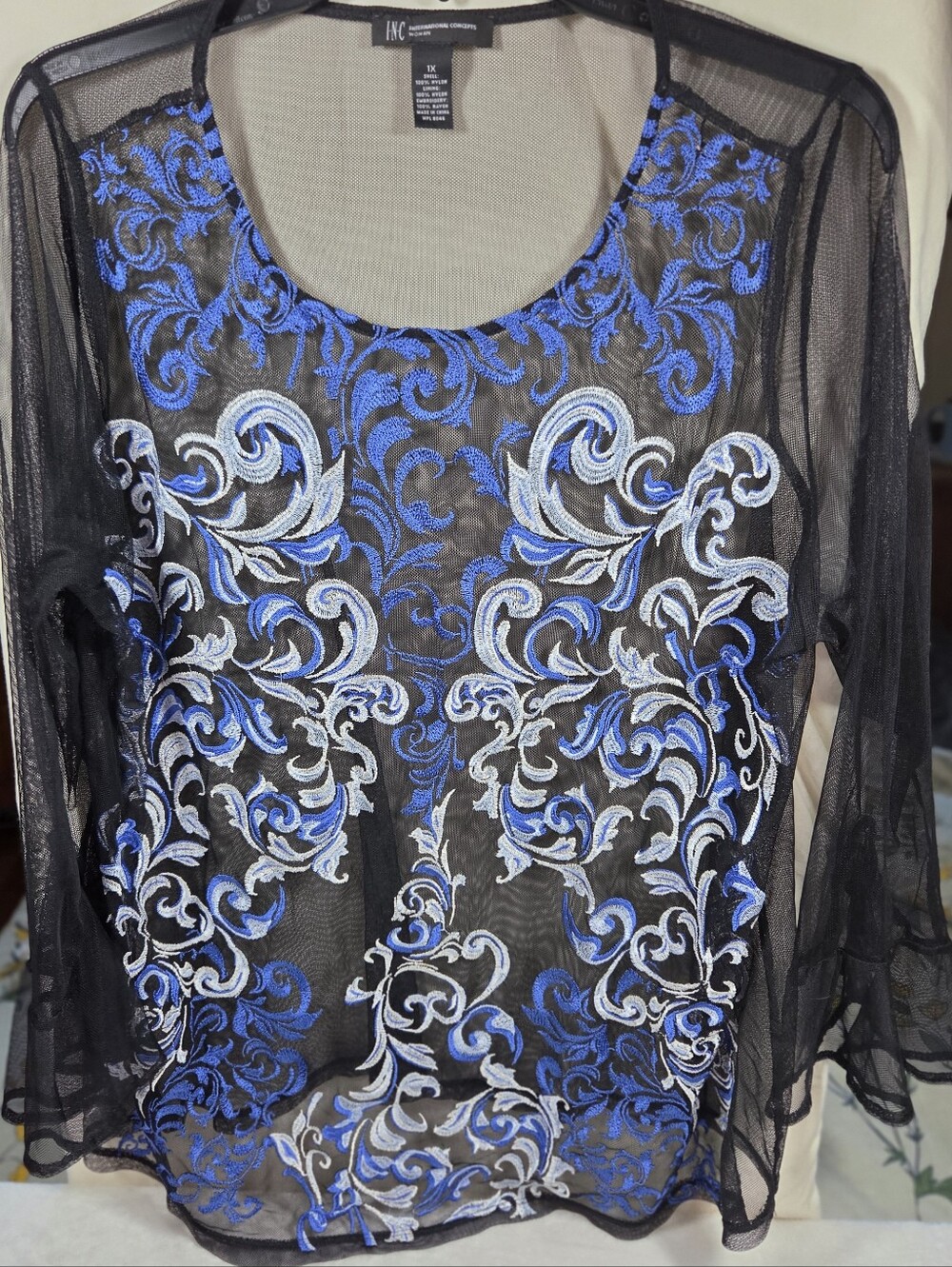 INC International Concepts Black Sheer Mesh Top with Blue & Silver Embroidery